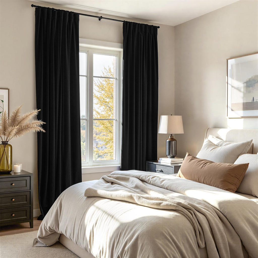 102 Inches Long Custom Velvet Blackout Curtains Bedroom Black Viral Pleated Noise Cancelling Drapes with Pin Hooks