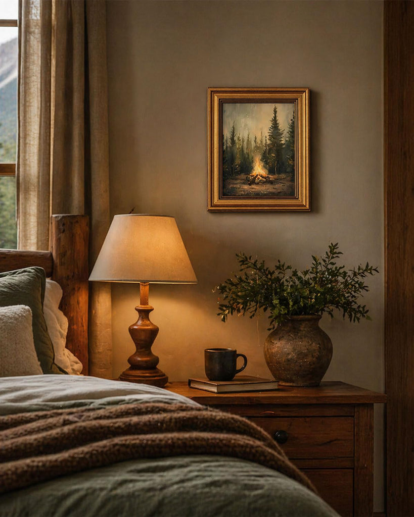Gold Framed Wall Art, Rustic Campfire Canvas Prints, Vintage Forest Camping Cabin Picture Wall Decor, Dark Academia
