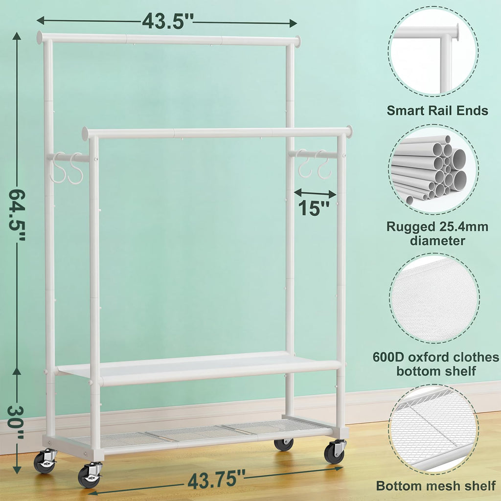 Double Rods Clothes Rack for Hanging Clothes, Heavy Duty Rolling Clothing Rack with Wheels, Freestanding Garment