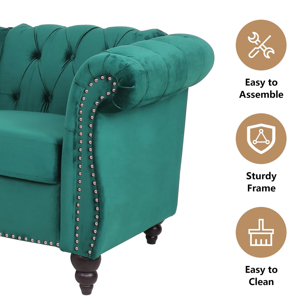 Accent Large Sofa, Chesterfield Couch 3 Seater Modern Velvet Couch Upholstered Sofa with Tufted Back Furniture (Green)