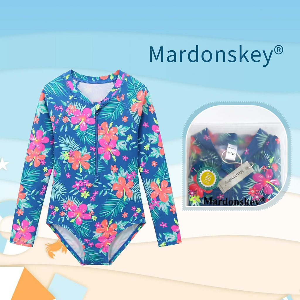 Girls Long Sleeve Rash Guard One Piece Swimsuit Kids UPF 50+ Sun Protection Swimwear Rainbow Striped Bathing Suit