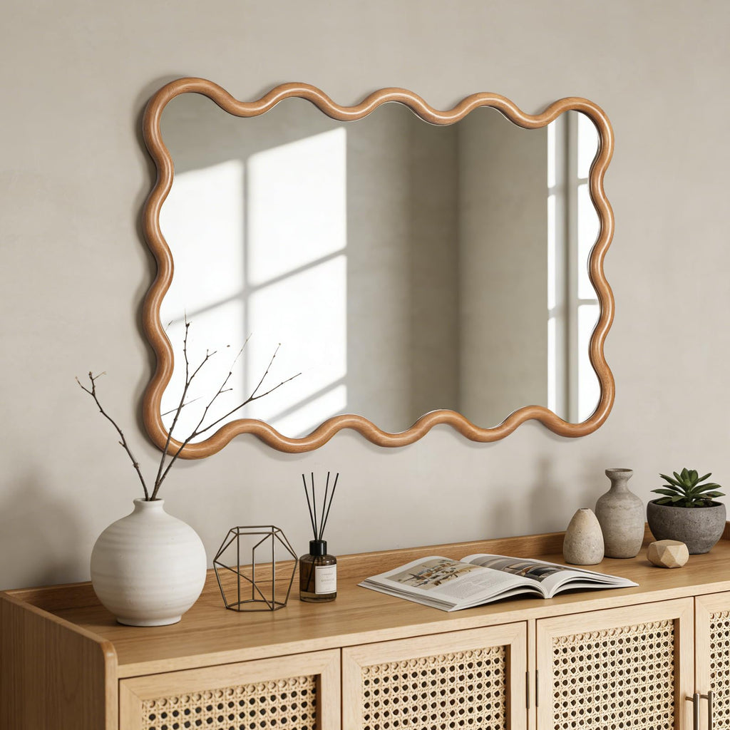 28"x40" Large Wavy Wood Mirror, Natural Wood Boho Accent Wall Mirror with Solid Wooden Frame, Decorative Wall Mirror