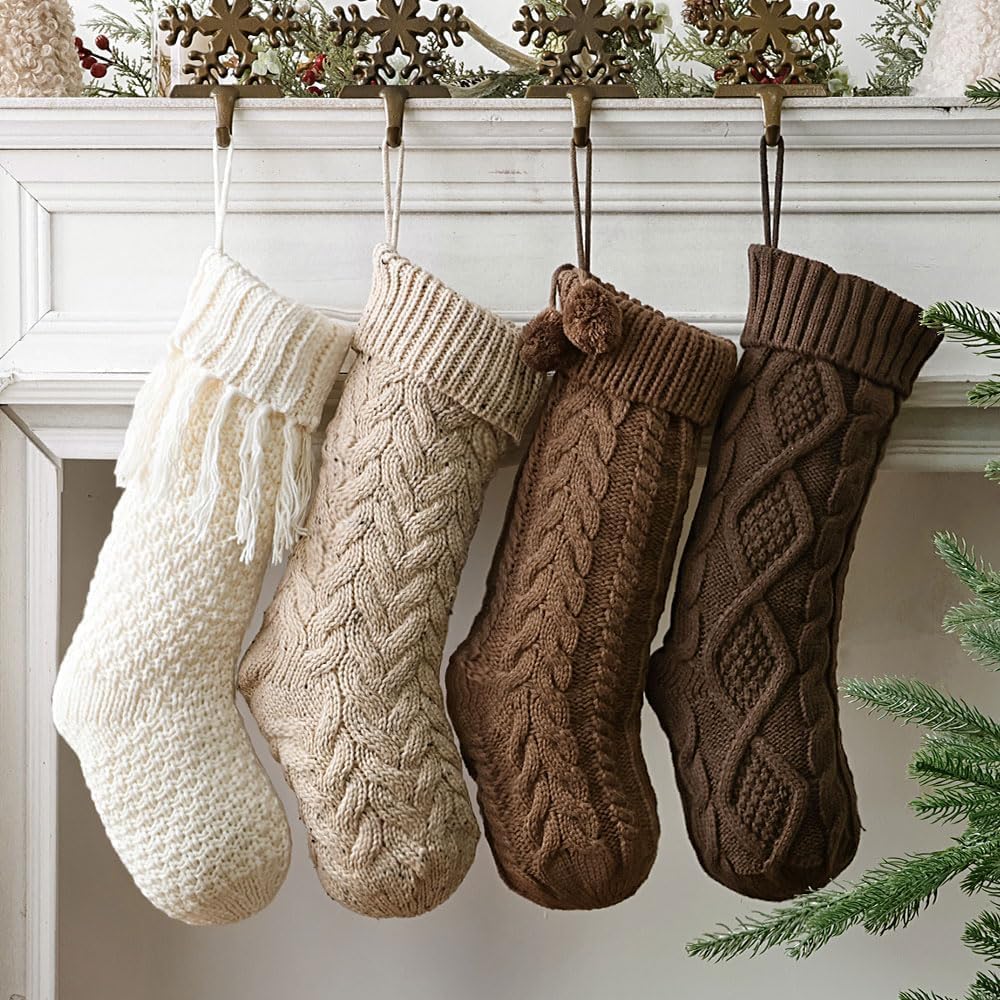 Farmhouse Knitted Personalised Christmas Stockings: 4 Pack 18 Inch Rustic Neutral Cable Knit Fireplace Stockings - Set of 4
