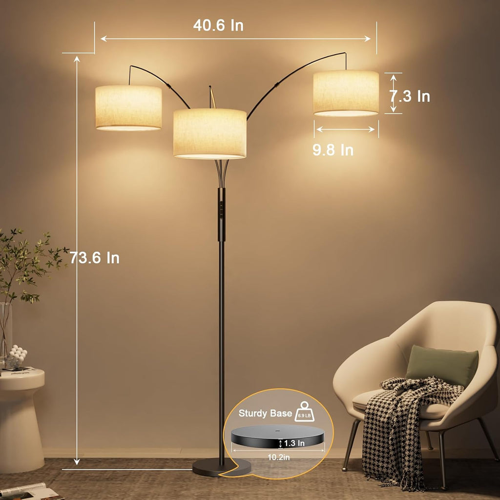 36W Corner Floor Lamp Dimmable - 3 Lights Arc Floor Lamps Standing Lamp with Remote & Touch Control, Tall Lamp Corner
