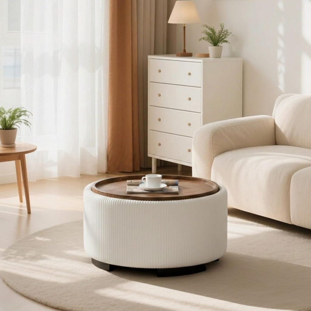29.5 Inch Round Storage Ottoman Coffee Table, Beige Velvet | Modern Circle Coffee Table With Storage With Removable