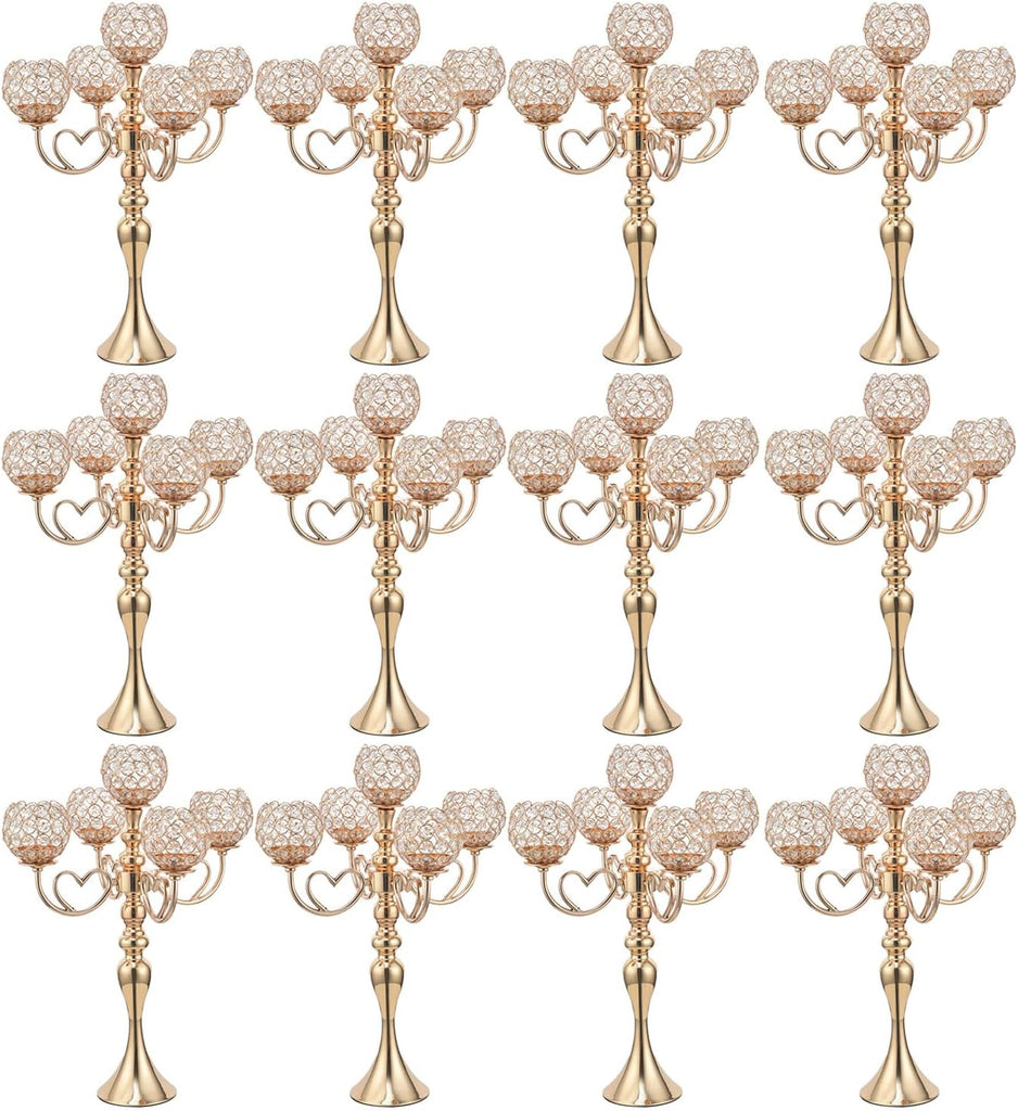 12 Sets Gold 5 Arms Candelabra Centerpiece,Metal Crystal Candlestick Holders Chandelier Crystal Beaded Candle Holder