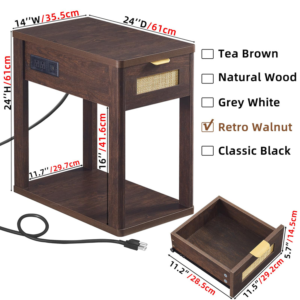 Narrow Side Table Set 2 with Charging Station, Rattan 24 x 14''