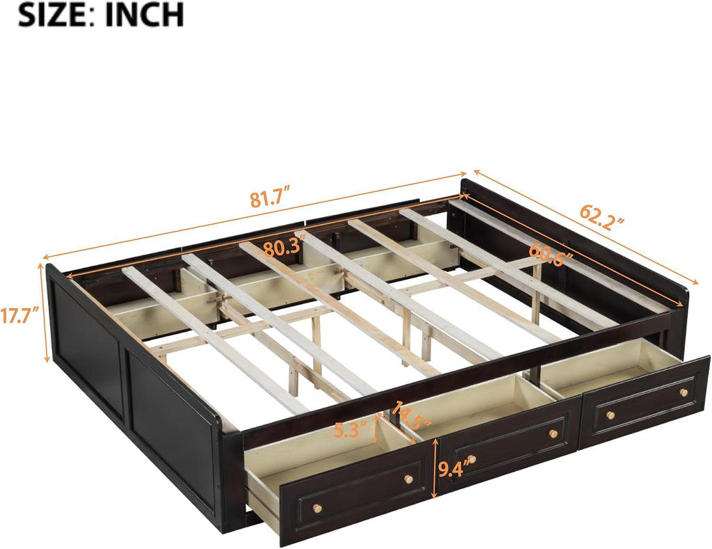 Wood Platform Bed Frame, with 6 Drawers, Floor Wooden Bed Frame Without Headboard, Storage Bed Frame Wood