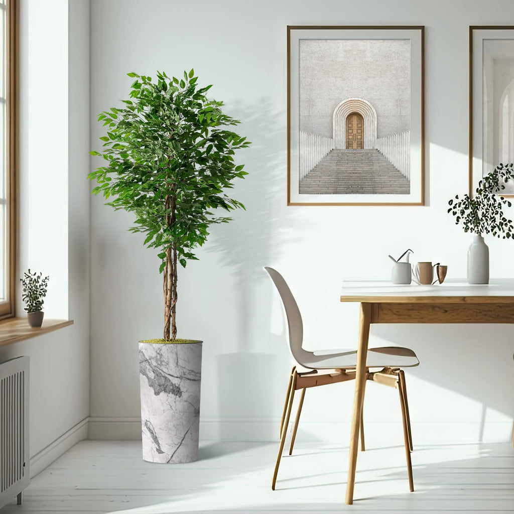 Artificial Tree in Gray Marble Effect Planter, Fake Ficus Silk Tree for Indoor and Outdoor Home Decoration - 75"