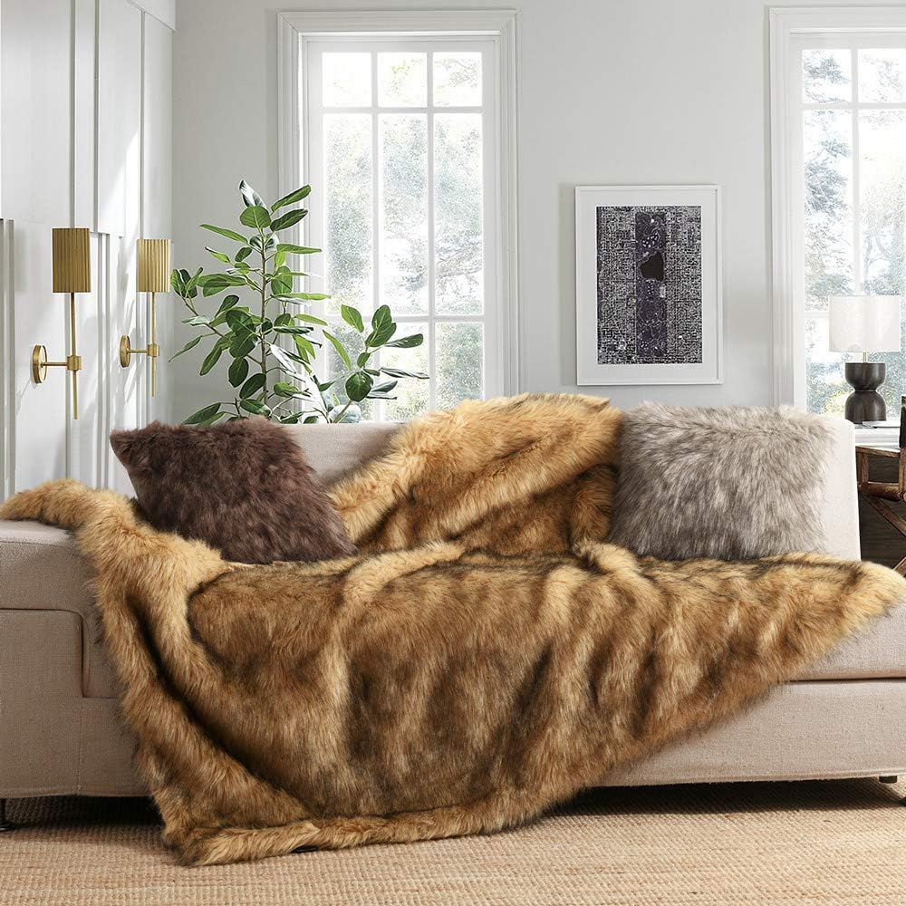 Plush Faux Fur Blanket King Size, Long Pile Golden Yellow with Black Tips Throw, Oversized Super Warm, Fuzzy
