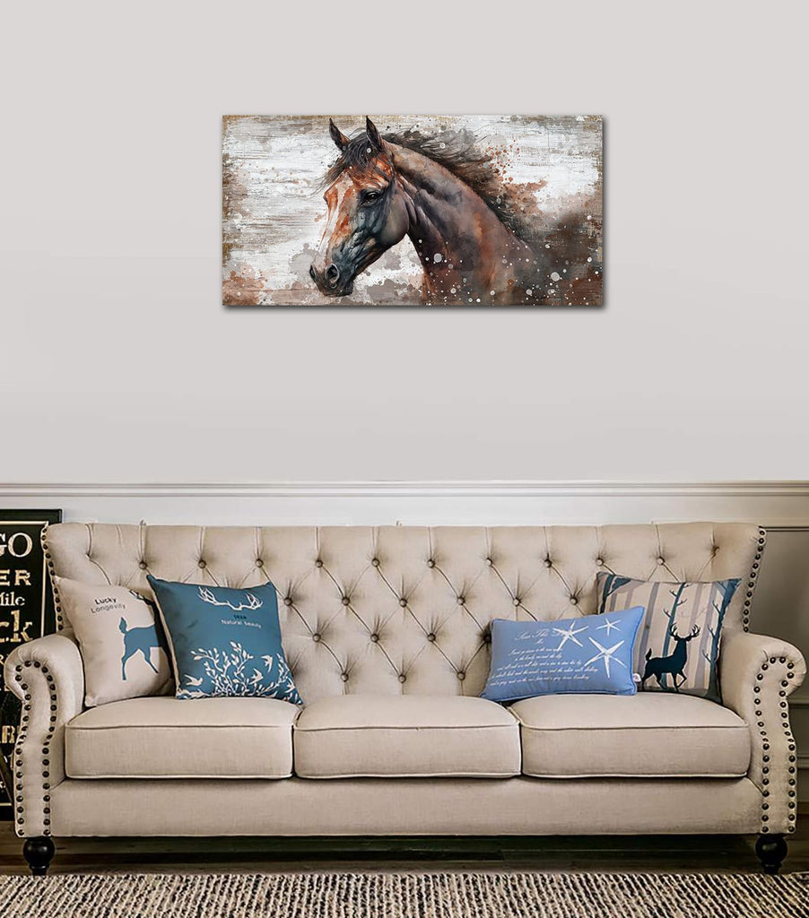 Large Horse Canvas Wall Art - Brown Horse Picture for Wall Decor Rustic Wood Plank Effect Canvas Painting Animal