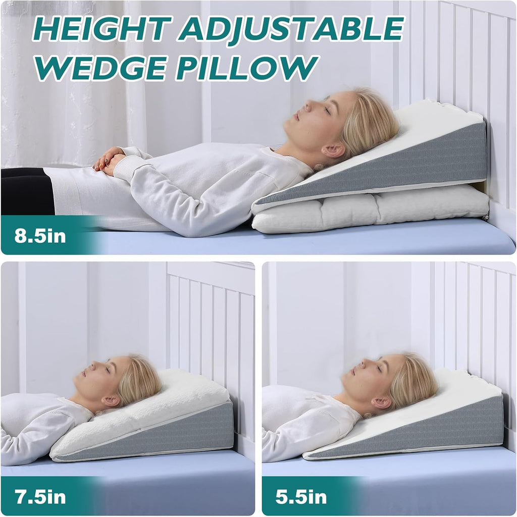 Bed Wedge Pillow for Sleep Apnea 7.5Inch Gerd Pillow Patent Dual Layer Triangle Pillow Adjustable Shredded Memory