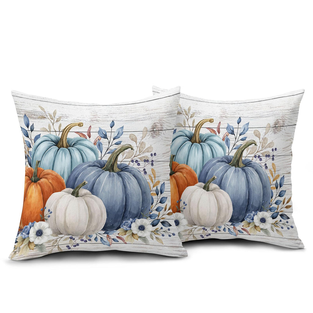 Fall Pumpkin Floral Throw Pillow Covers 20x20 Inch Blue Teal Orange Pumpkins Leaf Decorative Pillow Covers Pack of 2