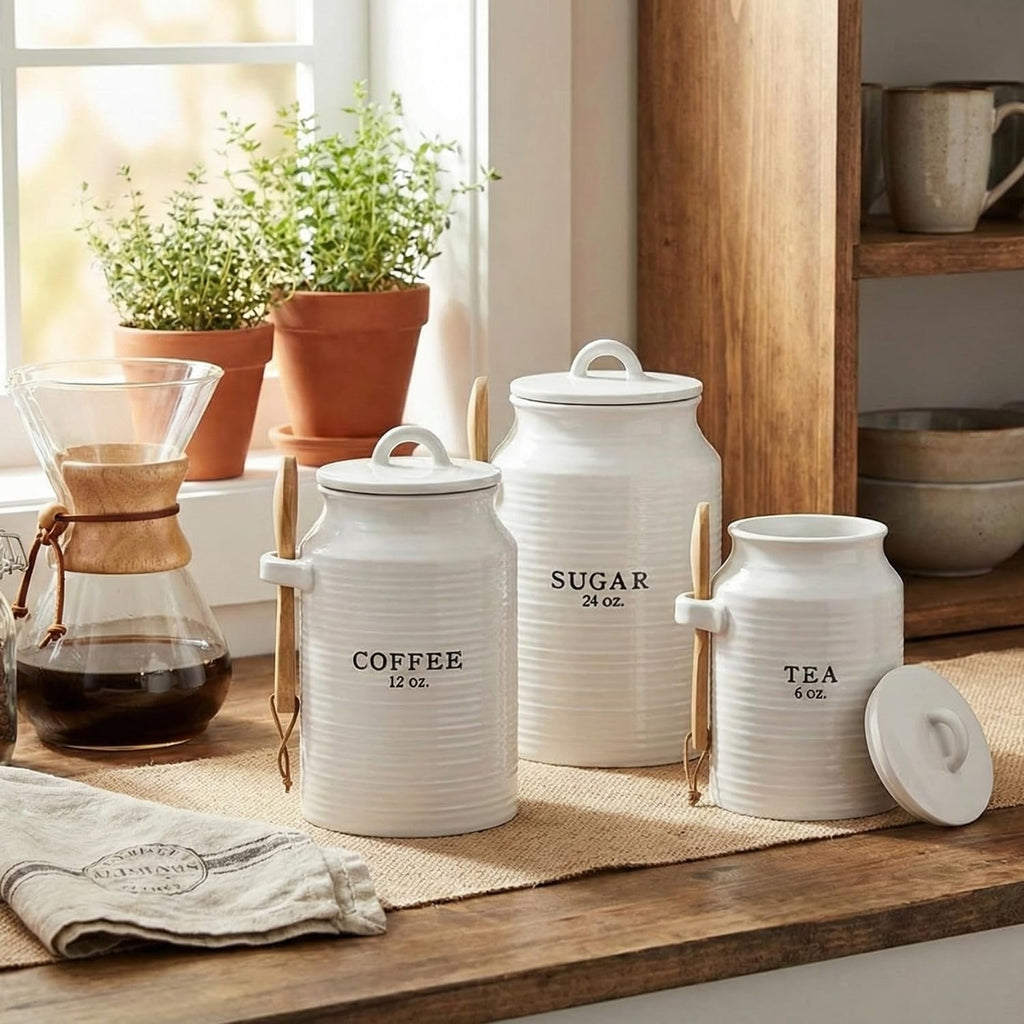 Ceramic Kitchen Canister Set White (Coffee/Sugar/Tea) - Set of 3