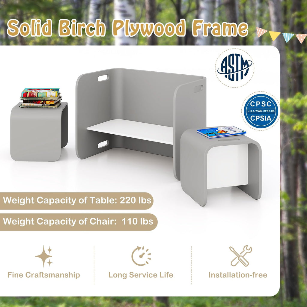 Kids Table and Chair Set, All in 1 Birch Wood Activity Table, Bench, Storage Shelves, Desk for Children Reading