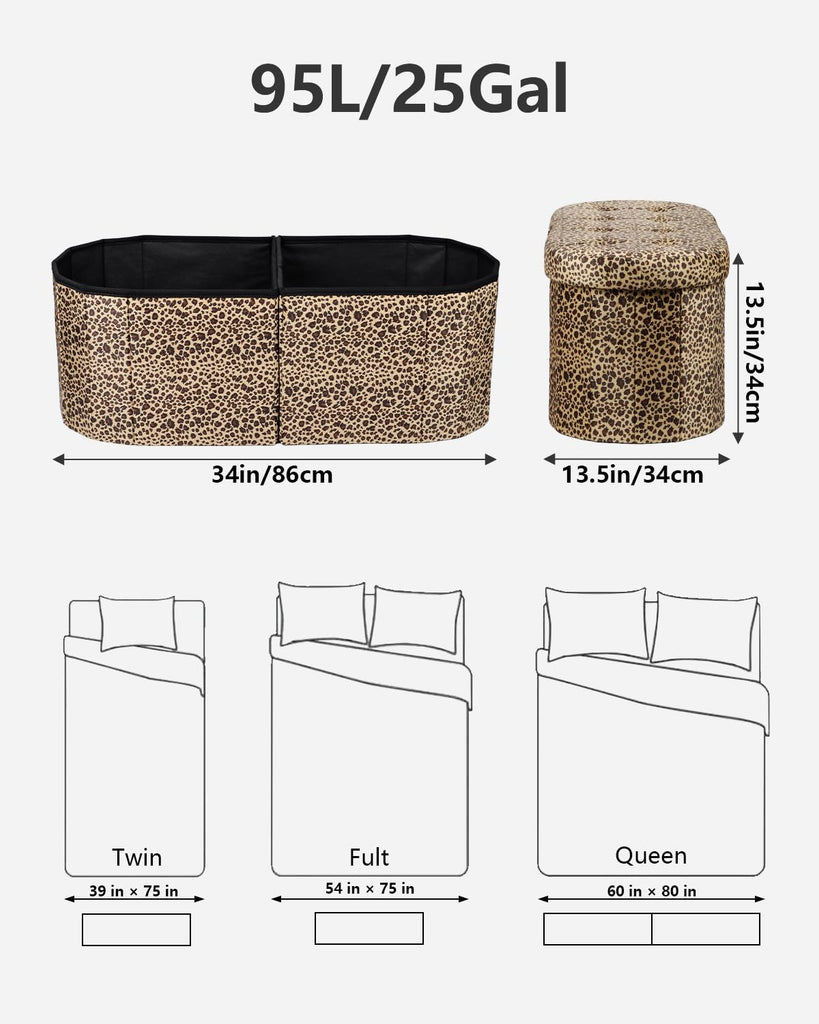 Oval Ottoman Storage Bench, 34" Leather Folding Chest, Leopard