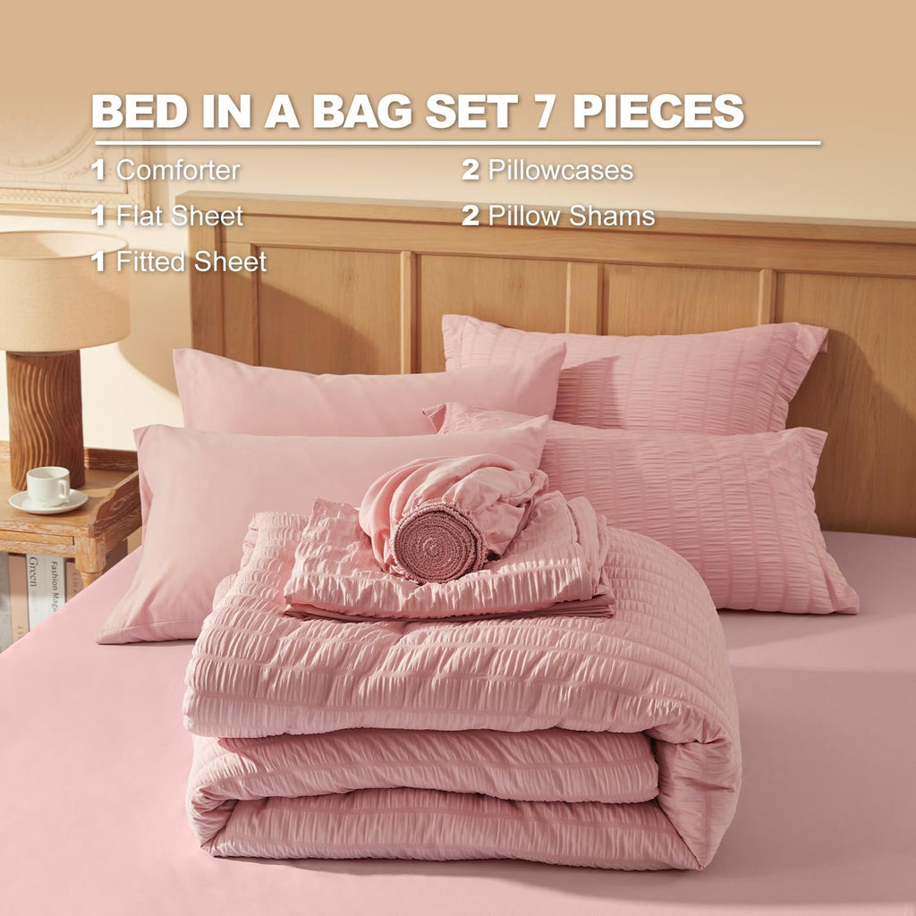 Full Comforter Sets 7 Pieces, Pink Seersucker Bed in a Bag Set Full, All Season Luxury Bedding Sets with Comforter