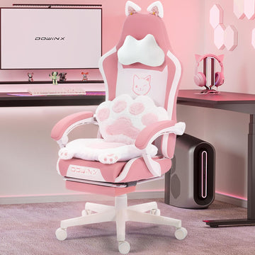 Pink Gaming Chair with Cat Ears and Massage Lumbar Support, Ergonomic Computer Chair with Footrest and Headrest