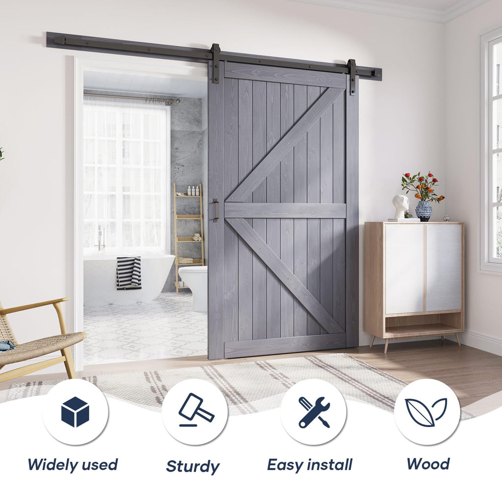 Barn Door 48 x 84 Grey Wood Door, Fit 44"-46" Opening, K Shape