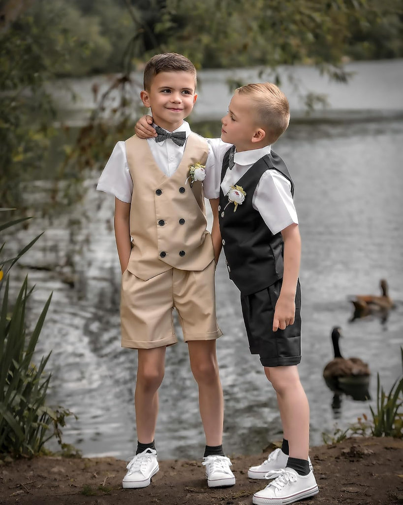 4Pcs Boys Suit, Kids Summer Dress Clothes Shirt Vest Shorts Bow Tie