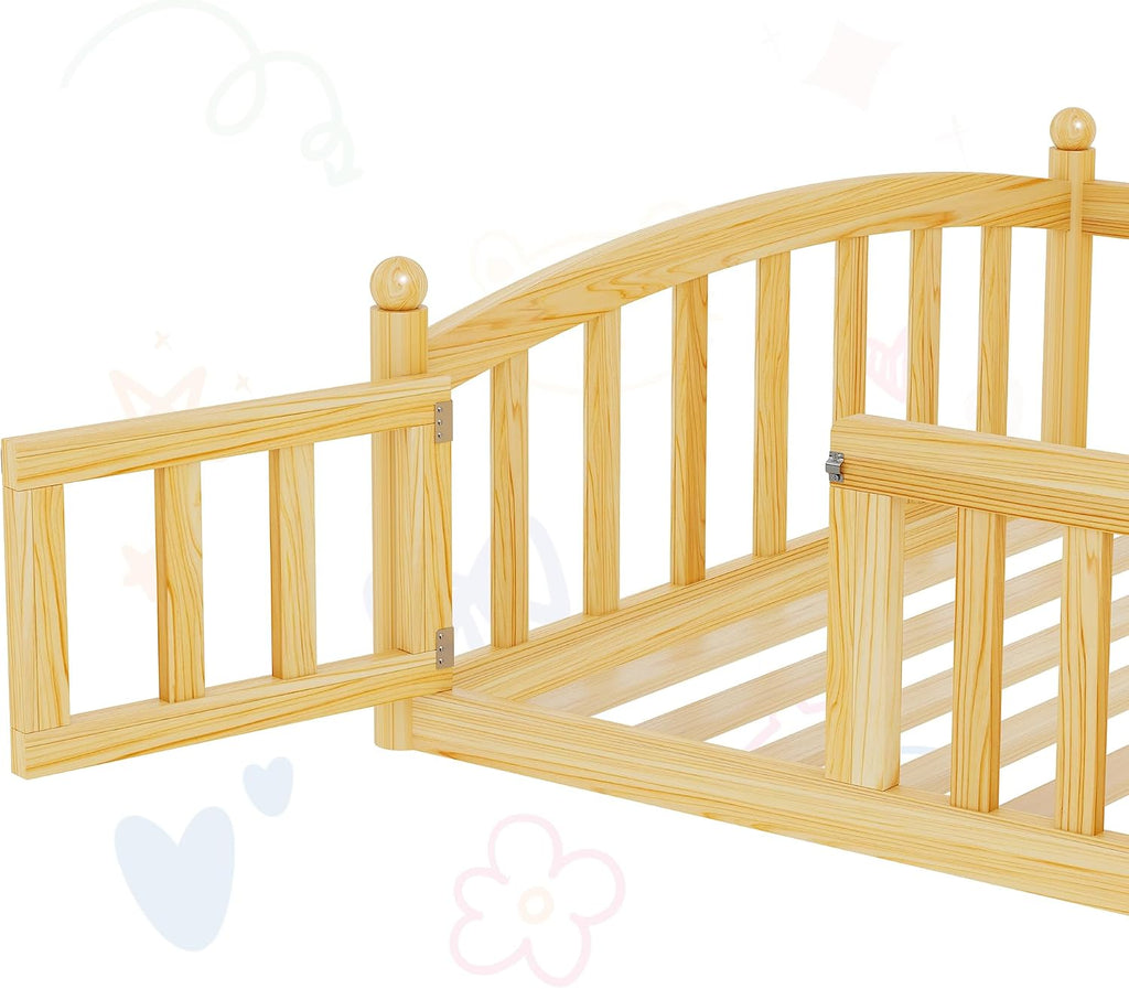 Floor Bed with High Rails, Montessori Bed Frame with Wood Slats and Door, Montessori Floor Bed for Kids