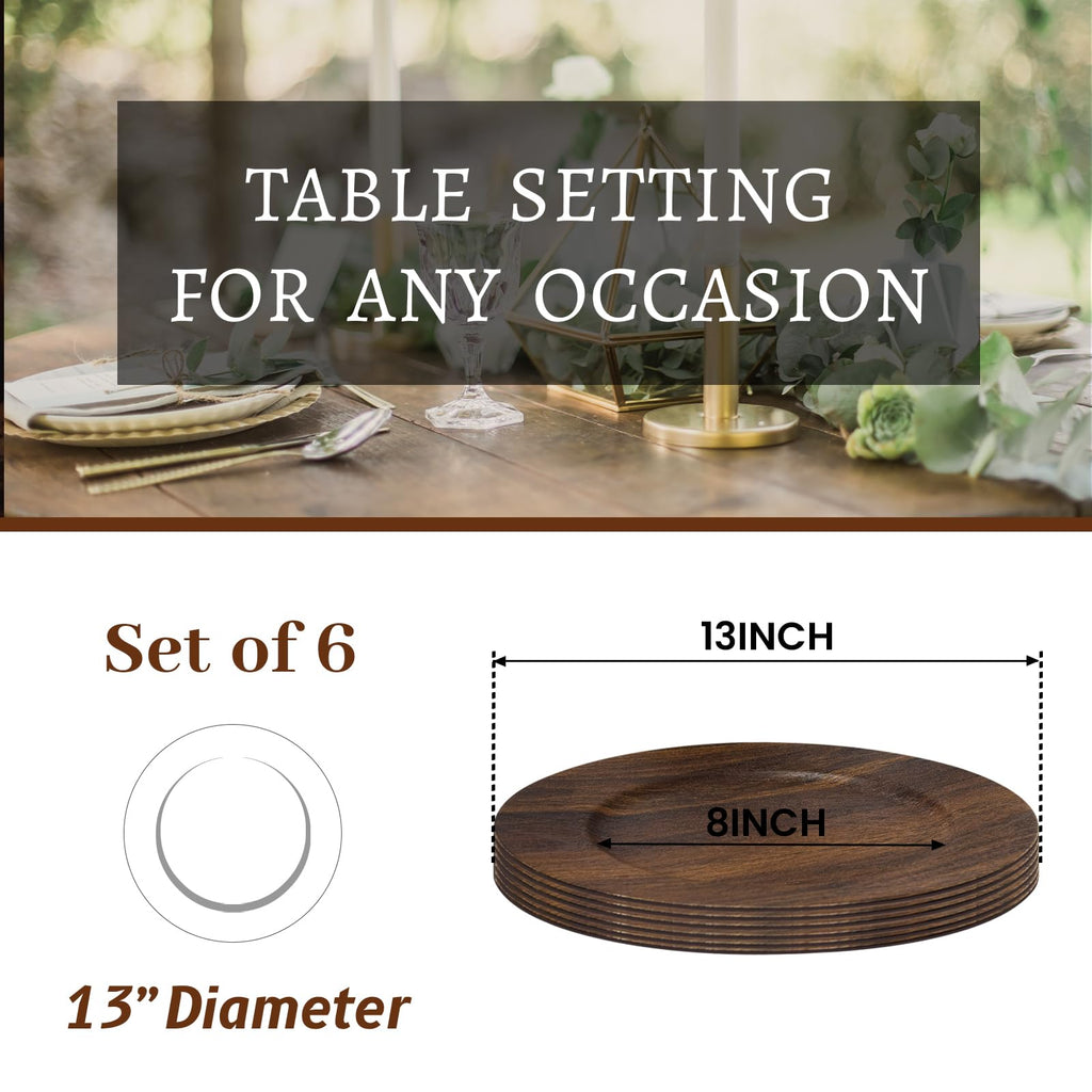 Brown Charger Plates Set of 6, Faux Wood Chargers for Dinner Plates
