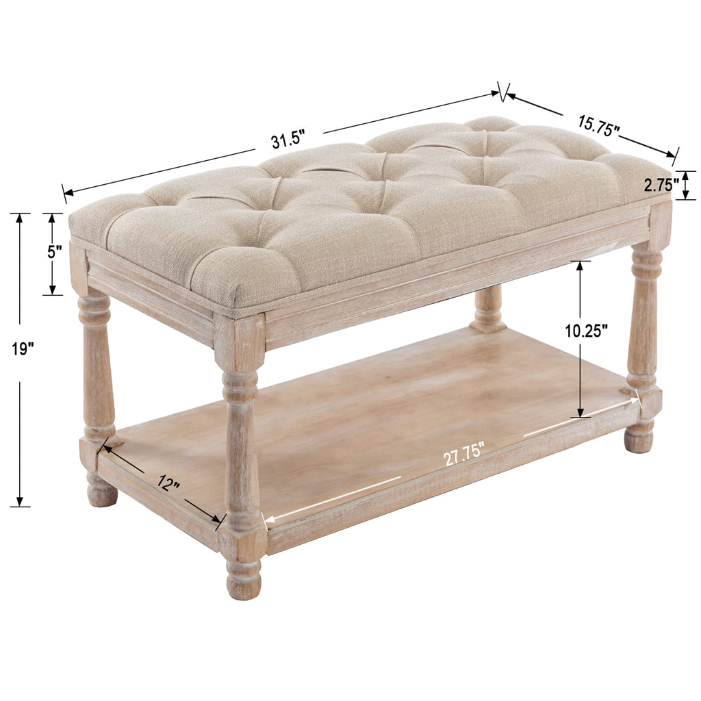 Storage Bench 31.5" W Button Tufted Small Entryway Bench with Wooden Shoes Rack End of Bed Bench with Fabric Linen