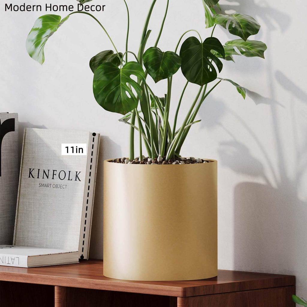 10 Inch Gold Metal Plant Pot with Drainage Hole, Indoor Outdoor