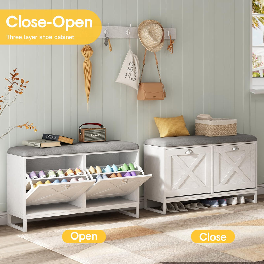 Shoe Cabinet with 2 Flip Drawers & Coat Rack, Shoe Storage Bench with Seat Cushion, 5 Large Sturdy Metal Hooks