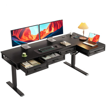63 Inch L Shaped Standing Desk with 4 Wooden Drawers, Black