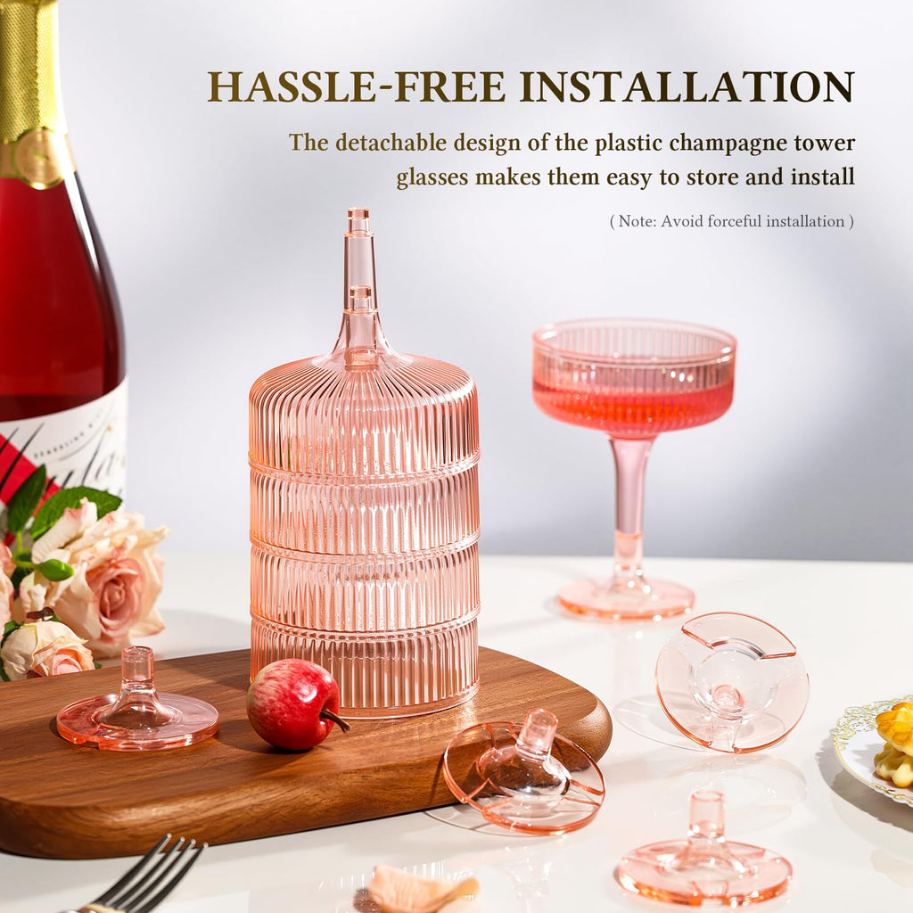 4-Tier Champagne Glasses - 20 PCS 7oz Pink Plastic Champagne Flute