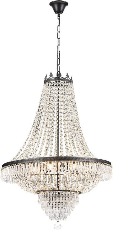 Crystal Chandelier, 9-Light French Empire Country Foyer Chandelier Pendant, Hanging Ceiling Lighting Fixture for Dining Living Room Bedroom Kitchen, W 24'' x H 30'', Black