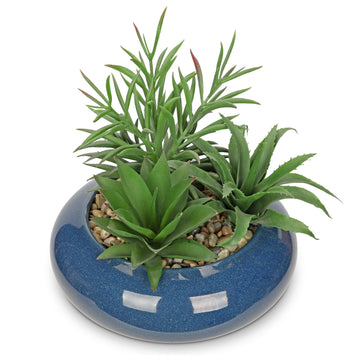 Large Artificial Succulents Plants with Blue Vase Faux Succulents Fake Succulent Potted Plant in Ceramic Pot Decor