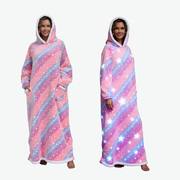 Oversized Wearable Hooded Blanket with Print Glow in The Dark Long Size(59in) Sherpa Warm Sweatshirt for Women
