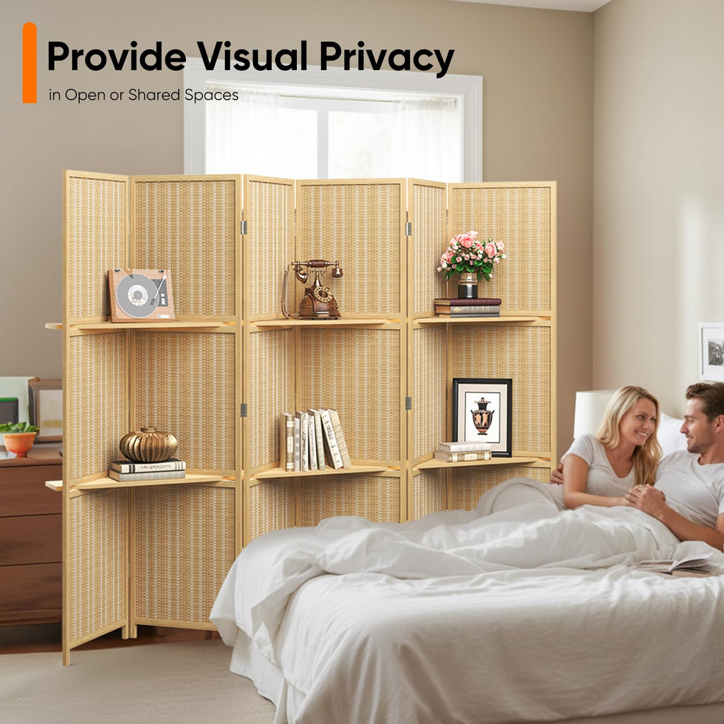Japanese Bamboo Room Divider with Shelves, 6 Panel, 67" H x 96" W