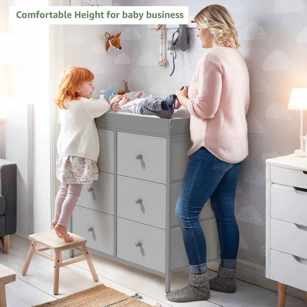 Changing Table Dresser with 6 Fabric Drawers, Baby Dresser with Changing Table Top Diaper Changing Station with