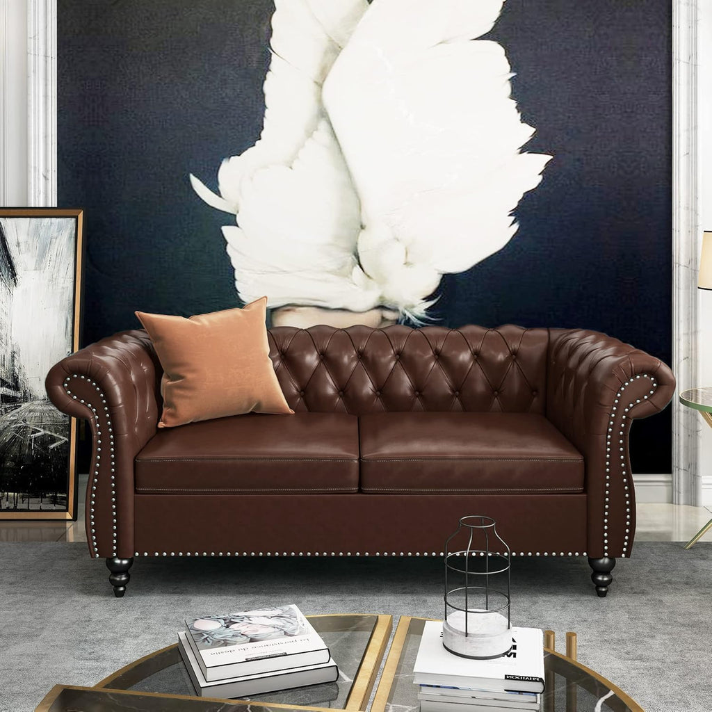 Chesterfield Loveseat Sofa, Upholstered Sofa Modern 2 Seater Couch Sofa Set Style Button Tufted, Mid-Century PU