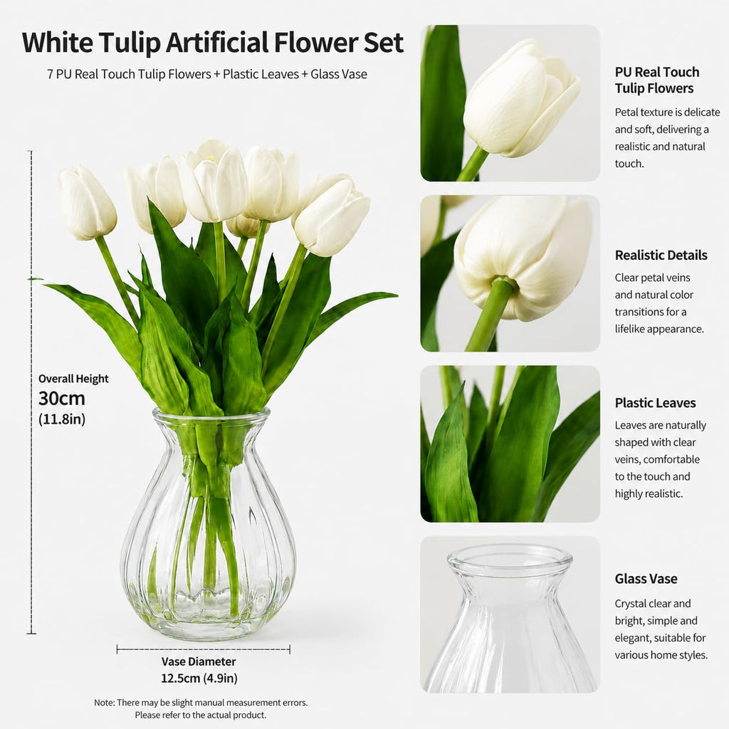 Artificial Tulips with Ribbed Glass Vase, White