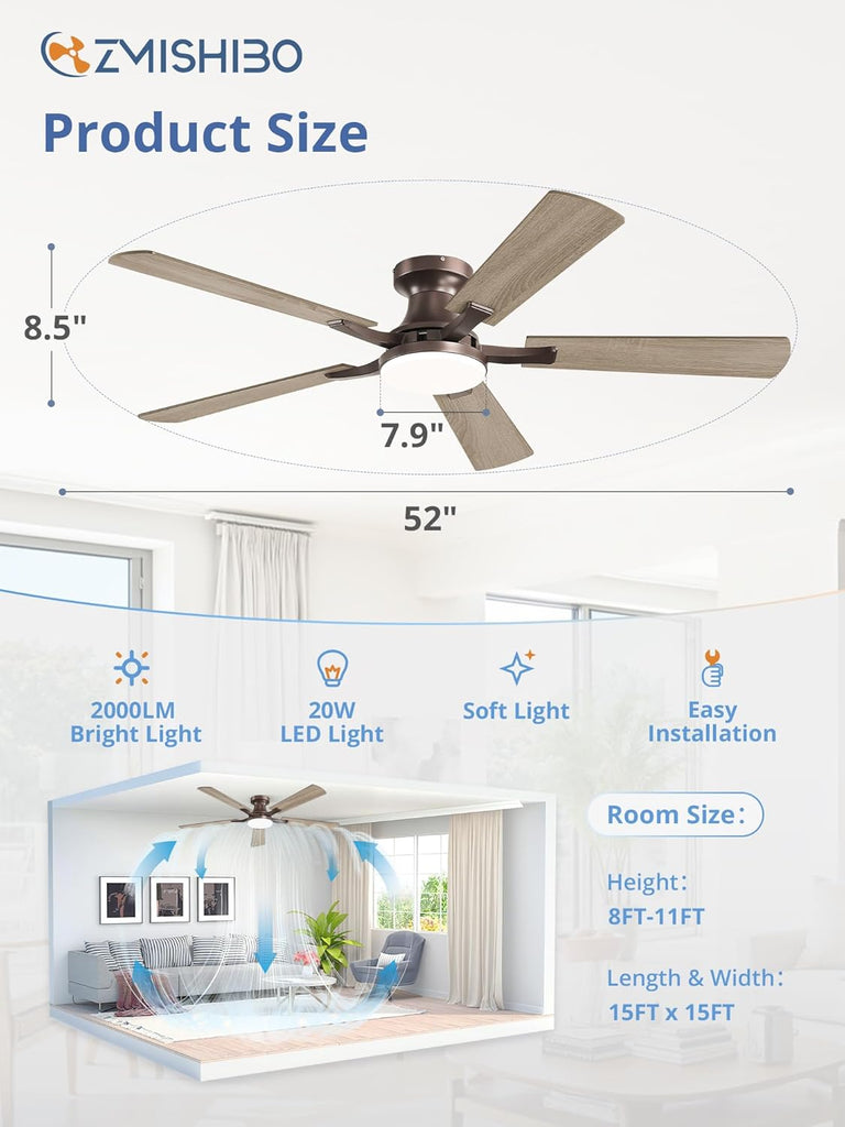 52 Inch Ceiling Fan with Light, App&Remote Control, Flush Mount Low Profile, Dimmable 20W LED Light, Quiet Reversible Motor for Bedroom, Living Room, Apartment, Brown A101-B0DPHBV4XB