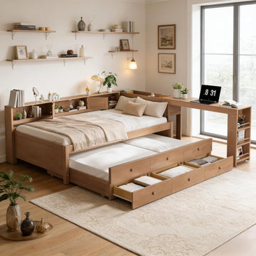 Twin Daybed Frame with Desk, Trundle & Drawers Brown