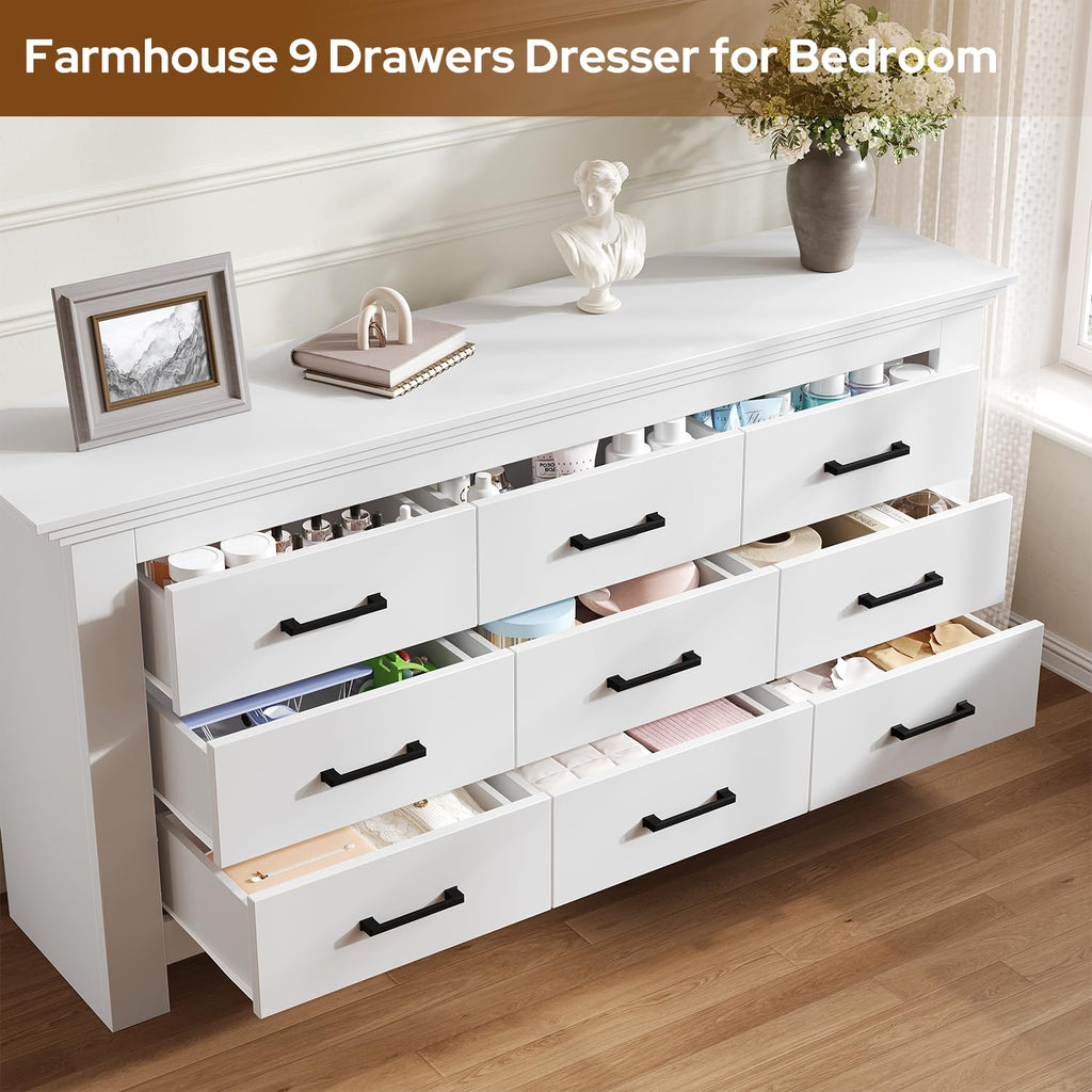 9 Drawer, Wood Chests of Drawers with Metal Handle, Triple Wide Dressers, Vintage Design Storage Chest Cabinet and