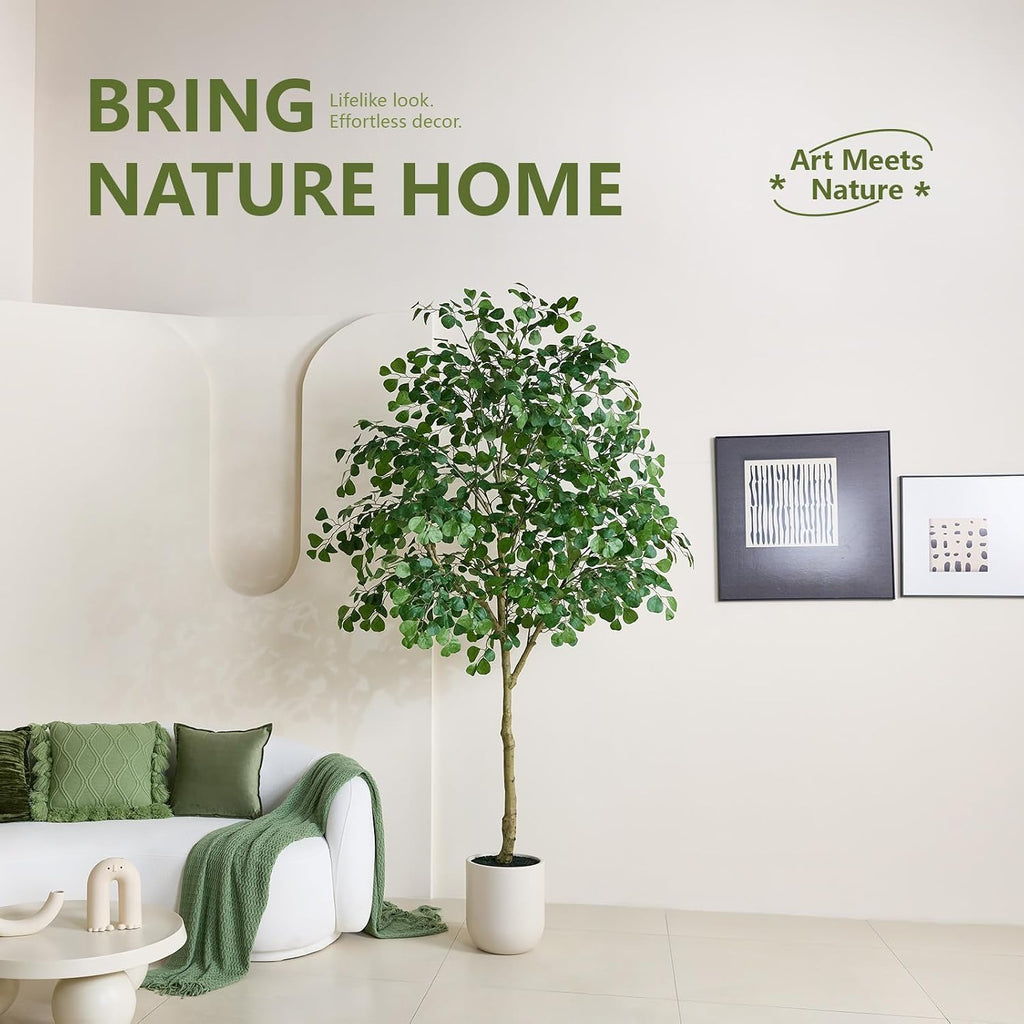 8FT Artificial Ficus Tree Indoor, Large Potted Faux Tree with Silk Leaves