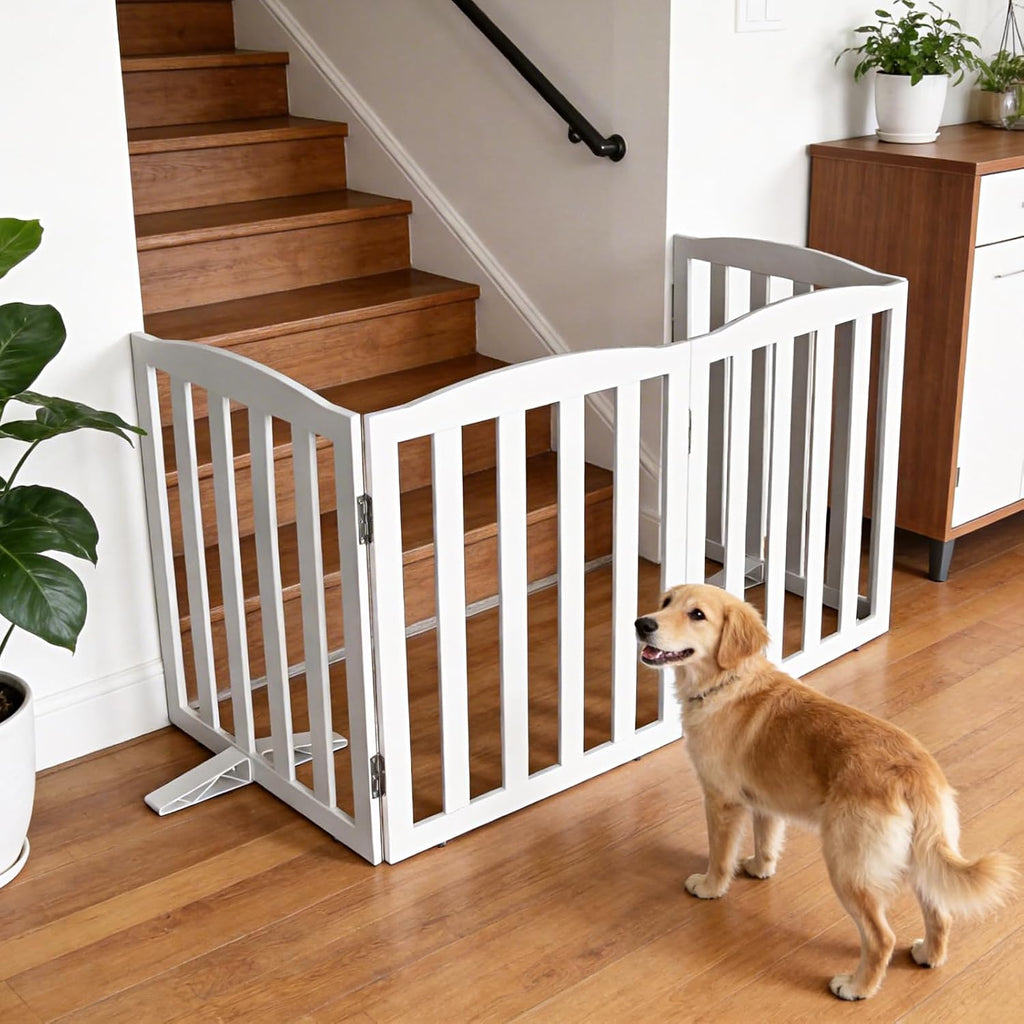 Foldable Freestanding Indoor Dog Gate Wood White Long Pet Gates Dog Fence for Stairs Puppy Gates s, Pet Fence, Puppy