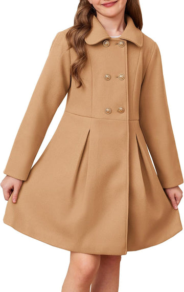 Girls Dress Coat Wool Peacoat with Lapel Pockets Winter Warm Long Jacket for Kids