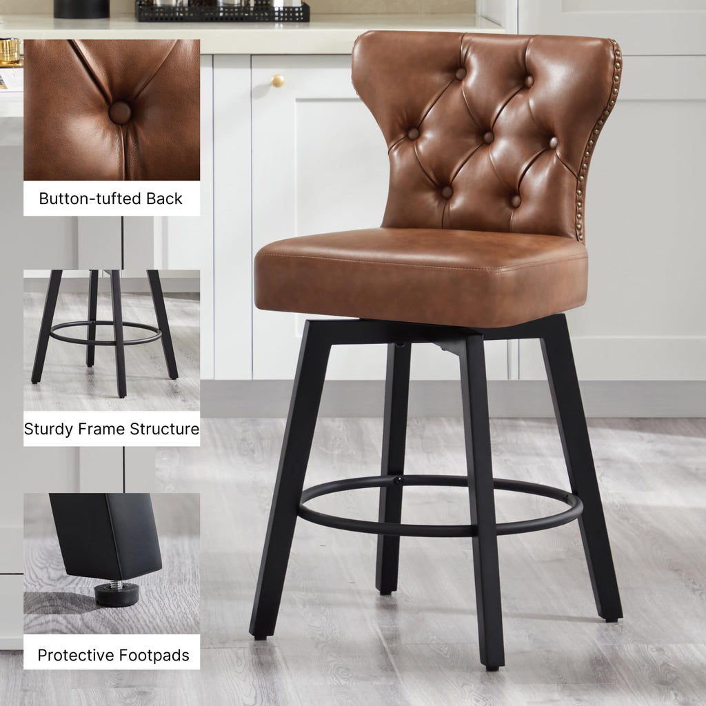 Counter Height Barstools 26 inch Upholstered Button Tufted Swivel Bar Stools with Back Island, Set of 2, Brown PU