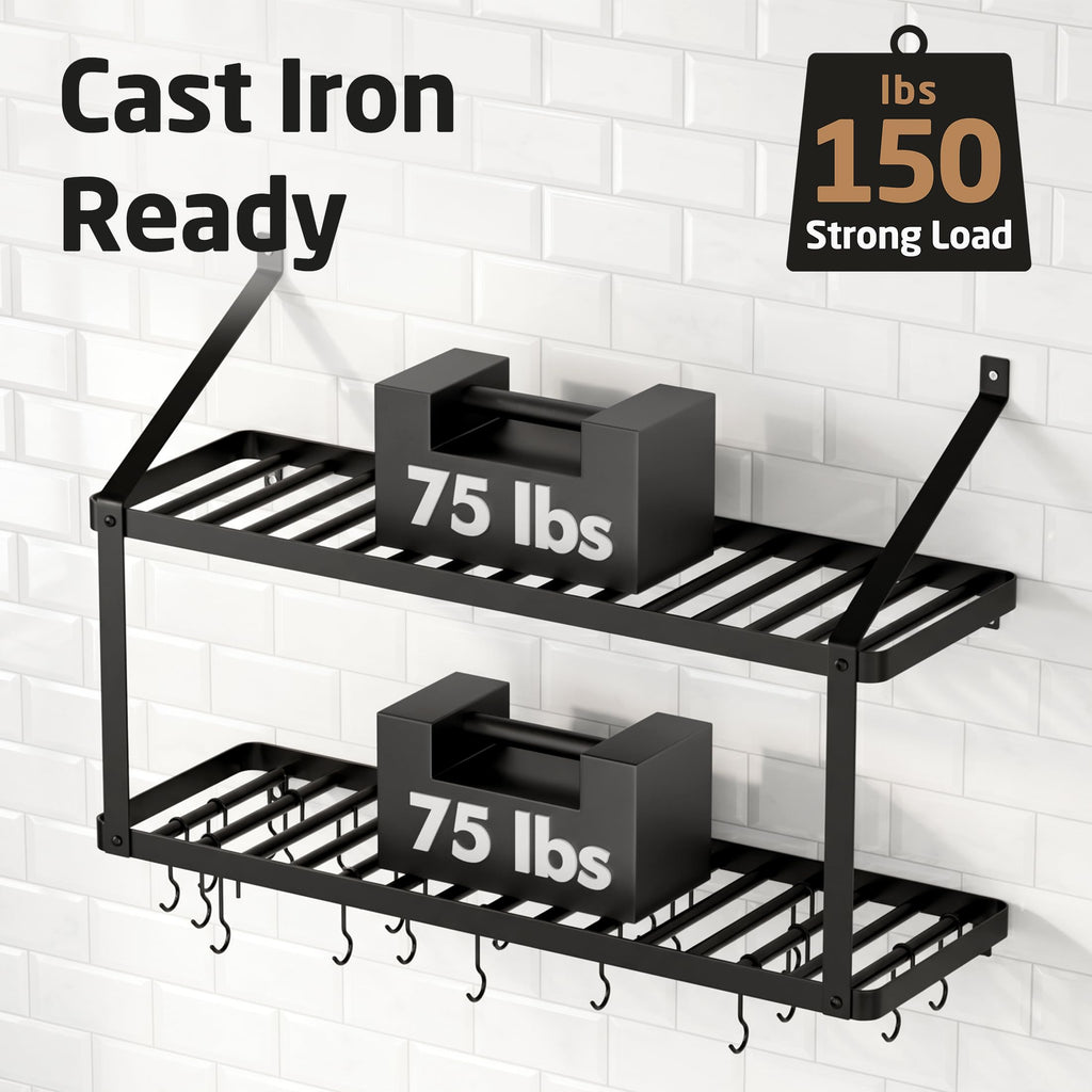 150 lb High-Capacity Pot Rack Wall Mounted with Pot Lid Holder, 34 Inch Heavy-Duty Pots and Pans Hanging Rack with 20