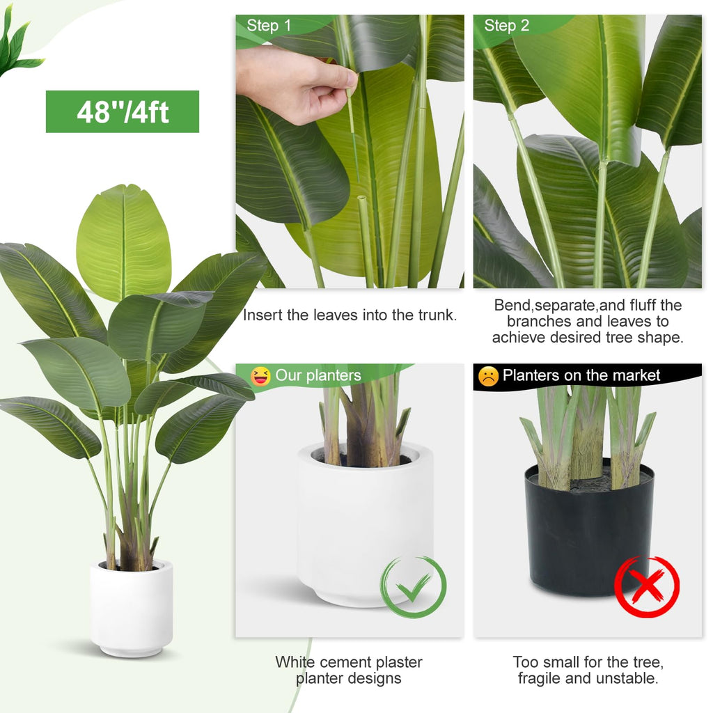 Artificial Bird of Paradise Plant 4Ft Tall Fake Tropical Palm Tree Large Fake Plants with 9 Silk Banana Leaves Faux
