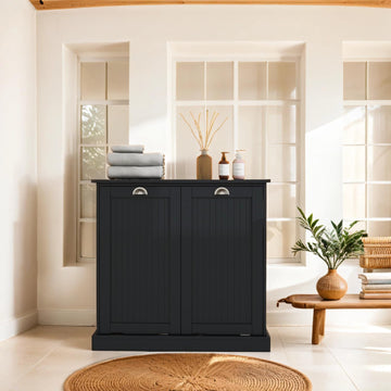 Tilt Out Laundry Hamper Cabinet with Removable Basket, Double Hidden Laundry Hamper Cabinet, Wood Bathroom Storage