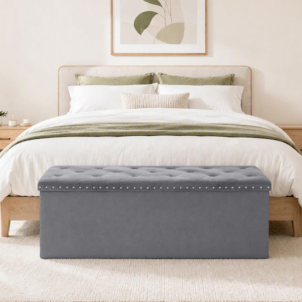 43.7 Inches Velvet Storage Ottoman Bench, Grey