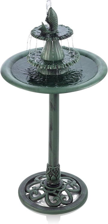 40" Tall Outdoor 3 Tier Pedestal Water Fountain with Vintage Birdbath Accent, Garden Decor, Green